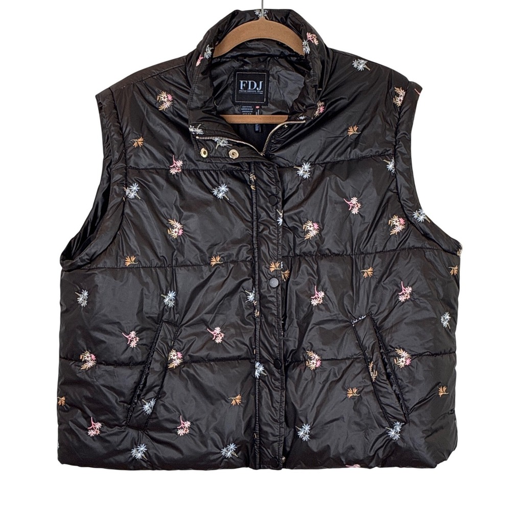 FDJ Black Puffer Vest Floral Embroidered French Dressing Jeans XL Boho Feminine